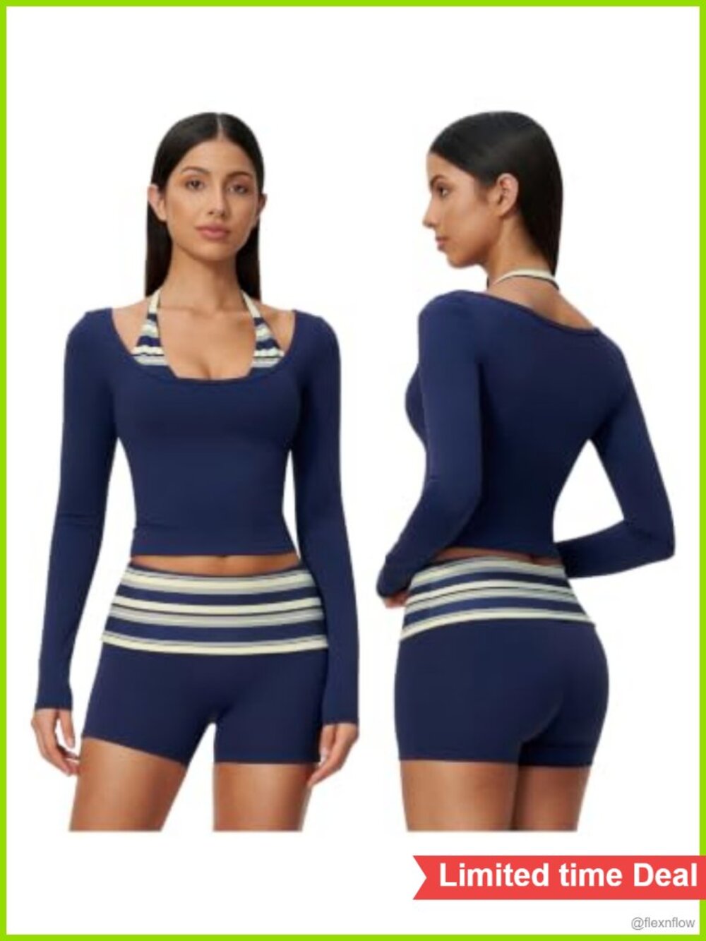 Striped Long Sleeve Workout Set Tank Top & Biker Shorts